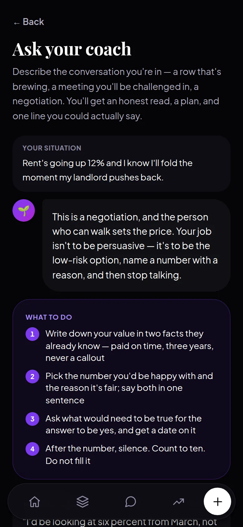 Ask your coach screen showing a read of the situation, steps, and a line to say