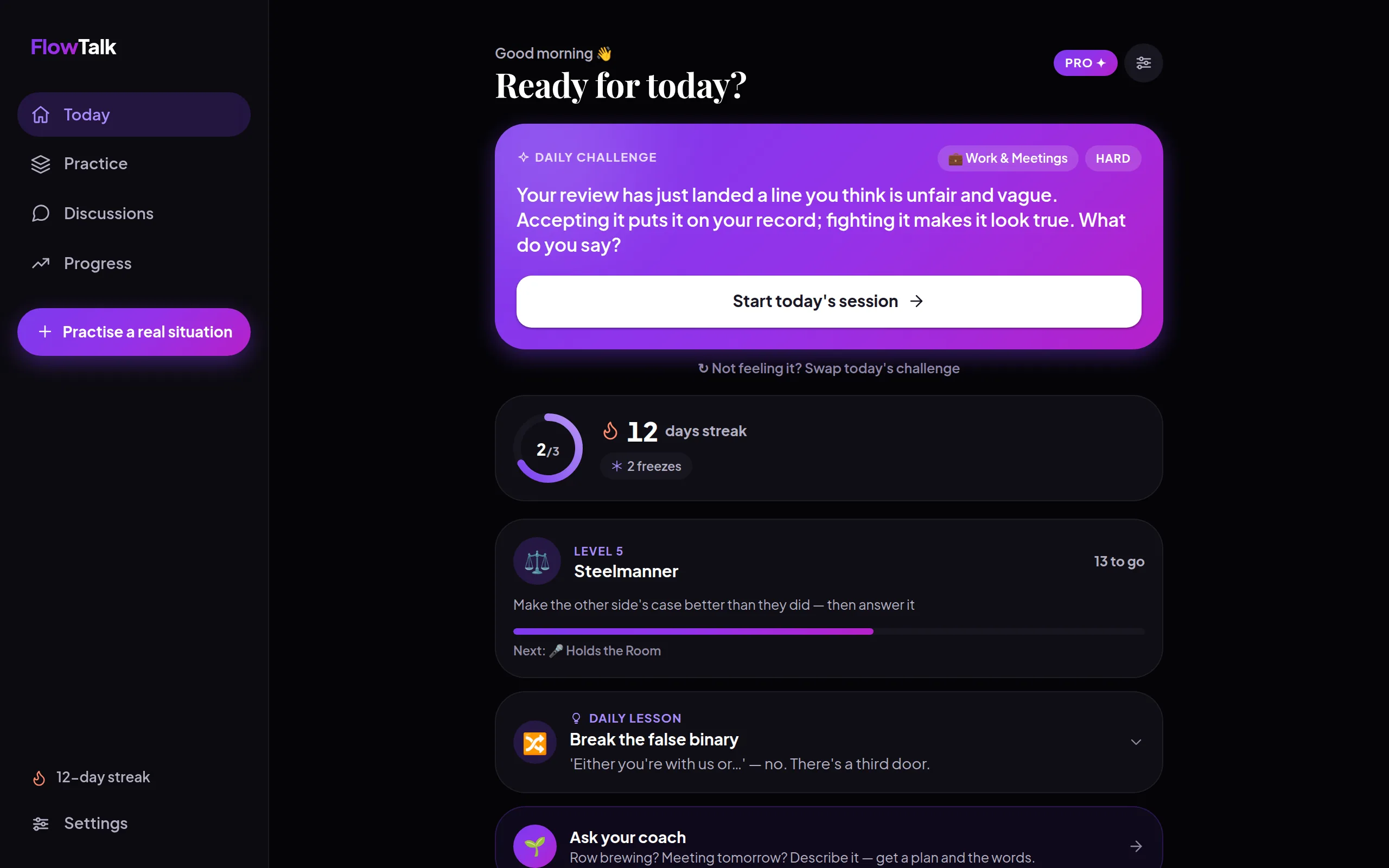 FlowTalk on a laptop: sidebar navigation, today's challenge, streak and level